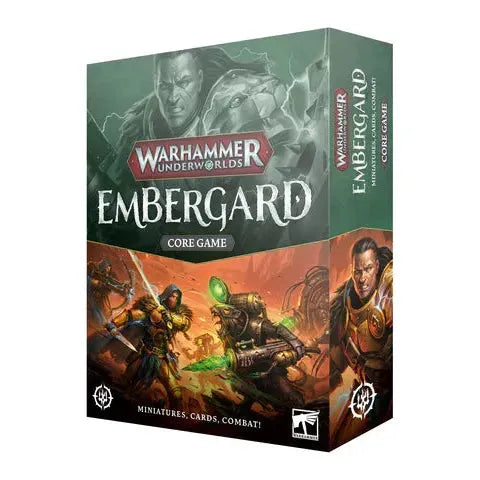 Warhammer Underworlds: Embergard core game box featuring miniatures and card decks.