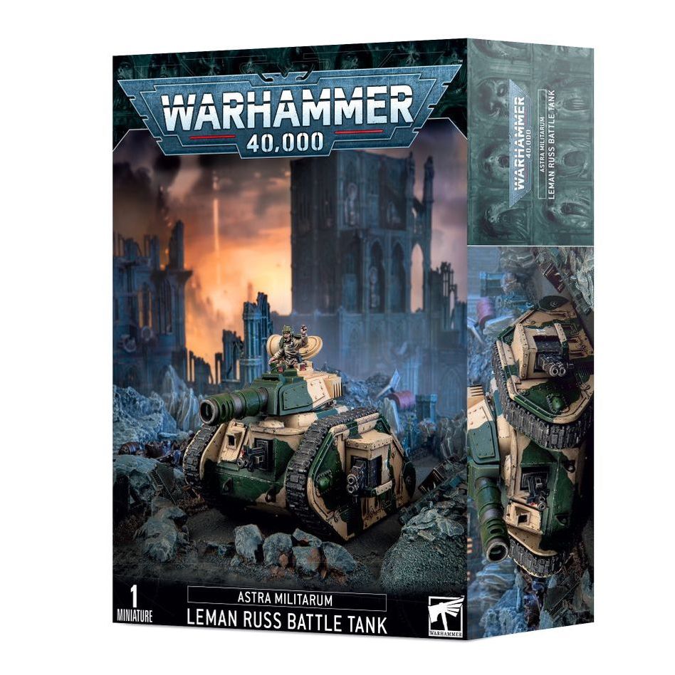 Warhammer 40000 Astra Militarum Leman Russ Battle Tank model kit with customizable options and transfer sheet.