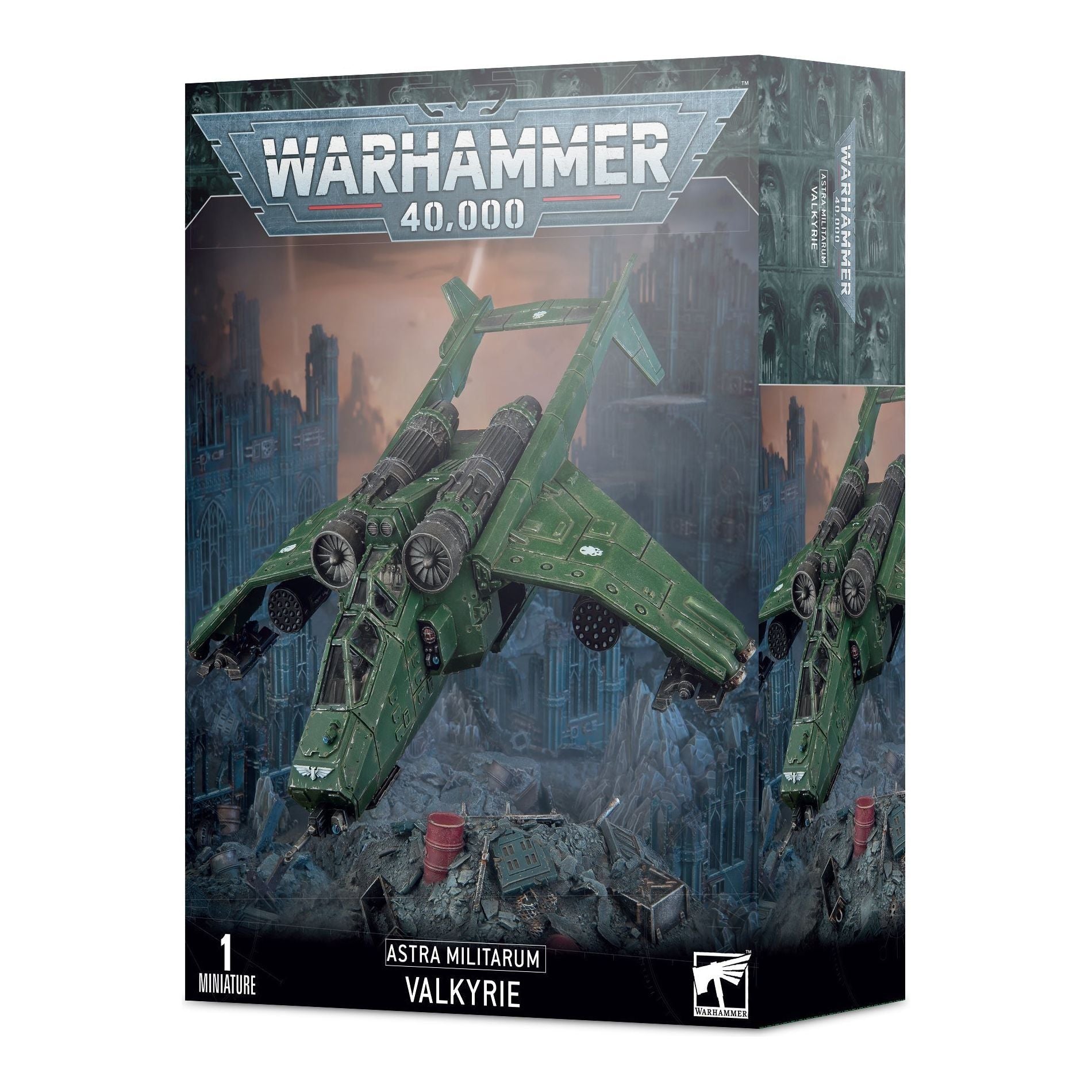Warhammer 40000 Astra Militarum Valkyrie model kit with components and transfer sheet.
