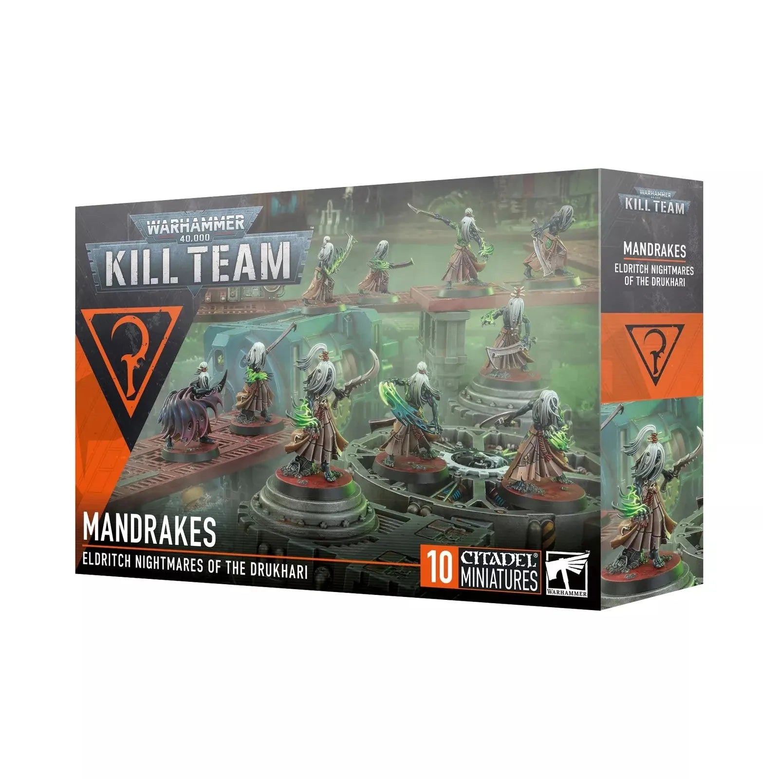 Warhammer 40000 Kill Team Drukhari Mandrakes box set with 10 miniatures and token sheet.
