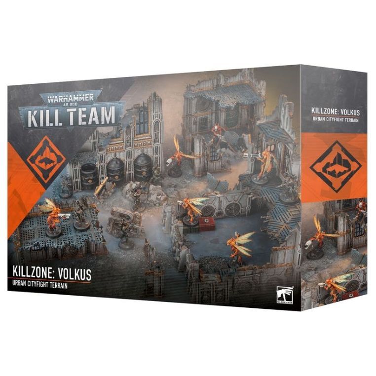 Warhammer 40000 Kill Team Killzone: Volkus Urban Cityfight Terrain box with detailed urban battlefield setup.