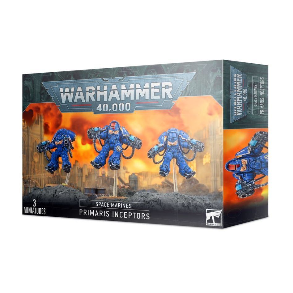Warhammer 40000 Space Marines Primaris Inceptors box set with three miniatures.
