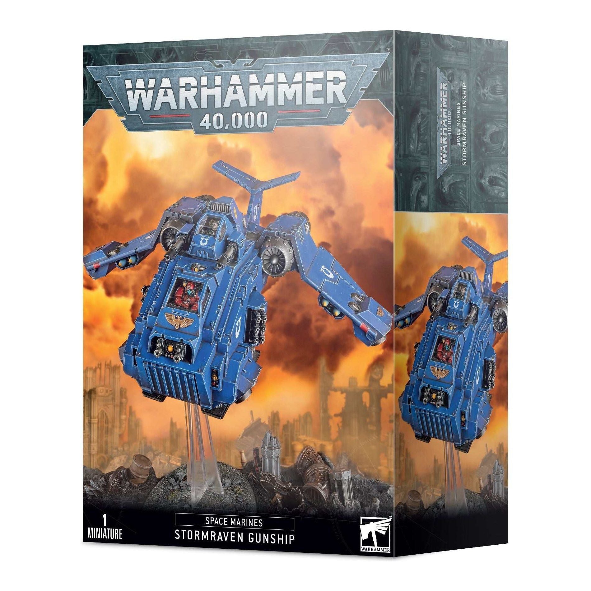 Warhammer 40000 Space Marines Stormraven Gunship model kit with detailed components and display base.