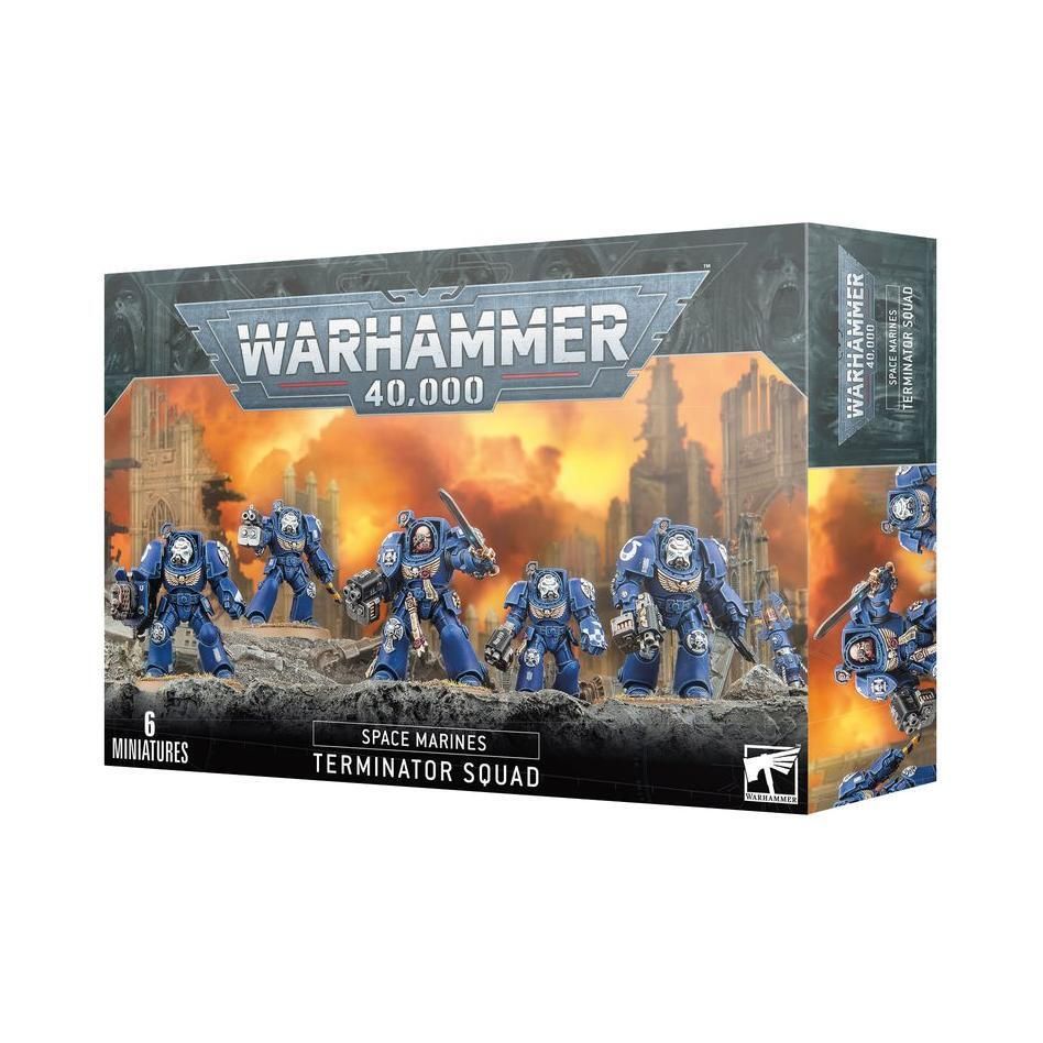 Warhammer 40000: Space Marines Terminator Squad box set with miniatures and bases.