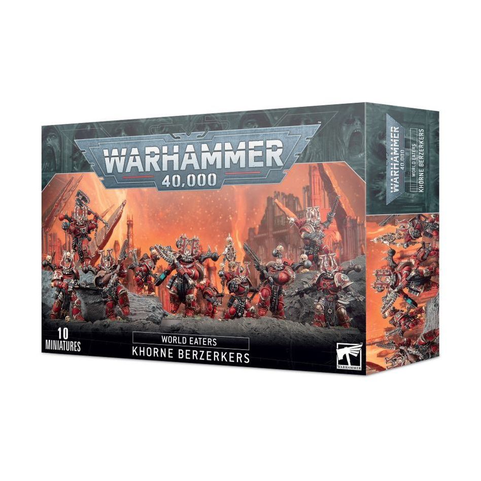 Warhammer 40K World Eaters Khorne Berzerkers box with miniatures and components.