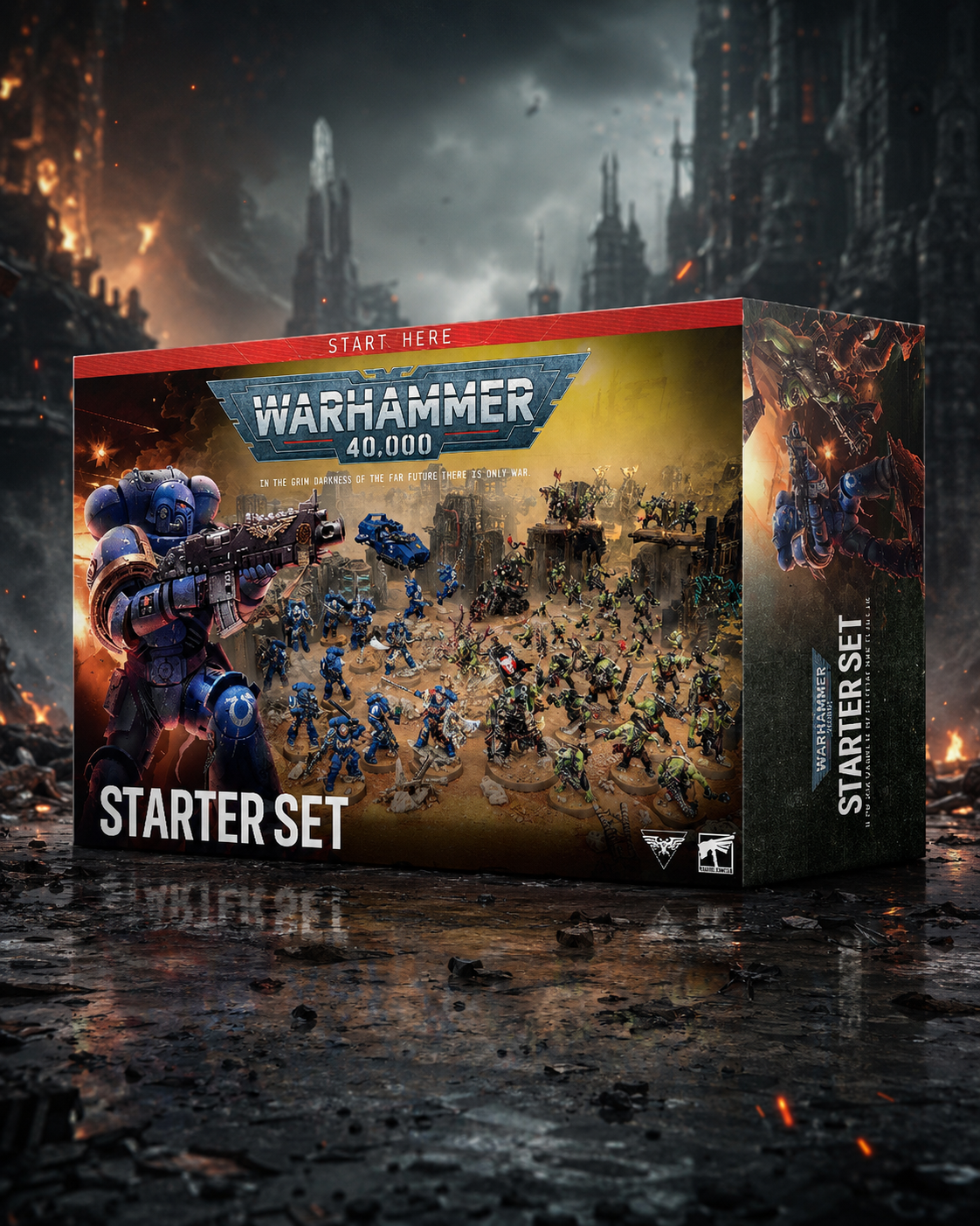 Warhammer 40,000 Starter Set box art shown prominently in the foreground, with a dramatic ruined city and fiery battlefield scene in the background. The box features blue Space Marine figures and large 'STARTER SET' text.