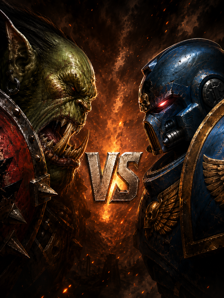 A dramatic fantasy battle scene showing a green-skinned orc-like creature on the left and a blue armored space marine on the right facing each other with large metallic 'VS' lettering in the center against a fiery dark background.