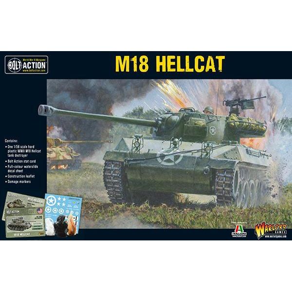 Bolt Action M18 Hellcat tank model kit with accessories, featuring historic tank in battle scene.