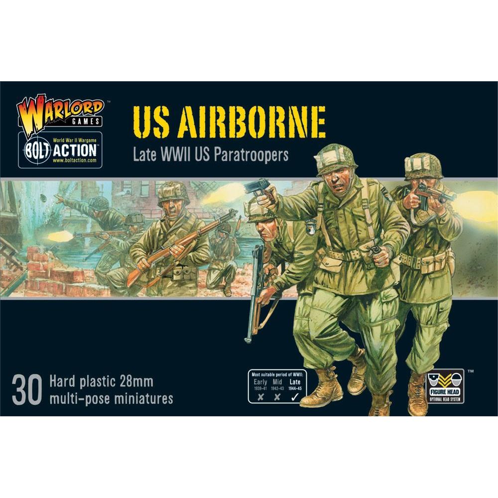 Bolt Action US Airborne Late WWII Paratroopers box cover featuring 30 hard plastic 28mm miniatures in M-1943 uniforms.