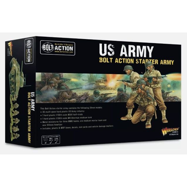 US Army Starter Army: Bolt Action set by Warlord Games, includes 36 infantry figures, M3A1 half-track, 105mm artillery, MMG and mortar teams, and M4 Sherman tank.