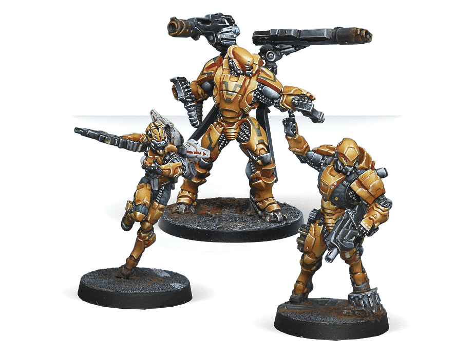 Yu Jing Booster Pack Beta featuring miniatures: Yān Huǒ with Missile Launcher, Zuyong with MULTI Rifle, Tiger Soldiers Hacker.
